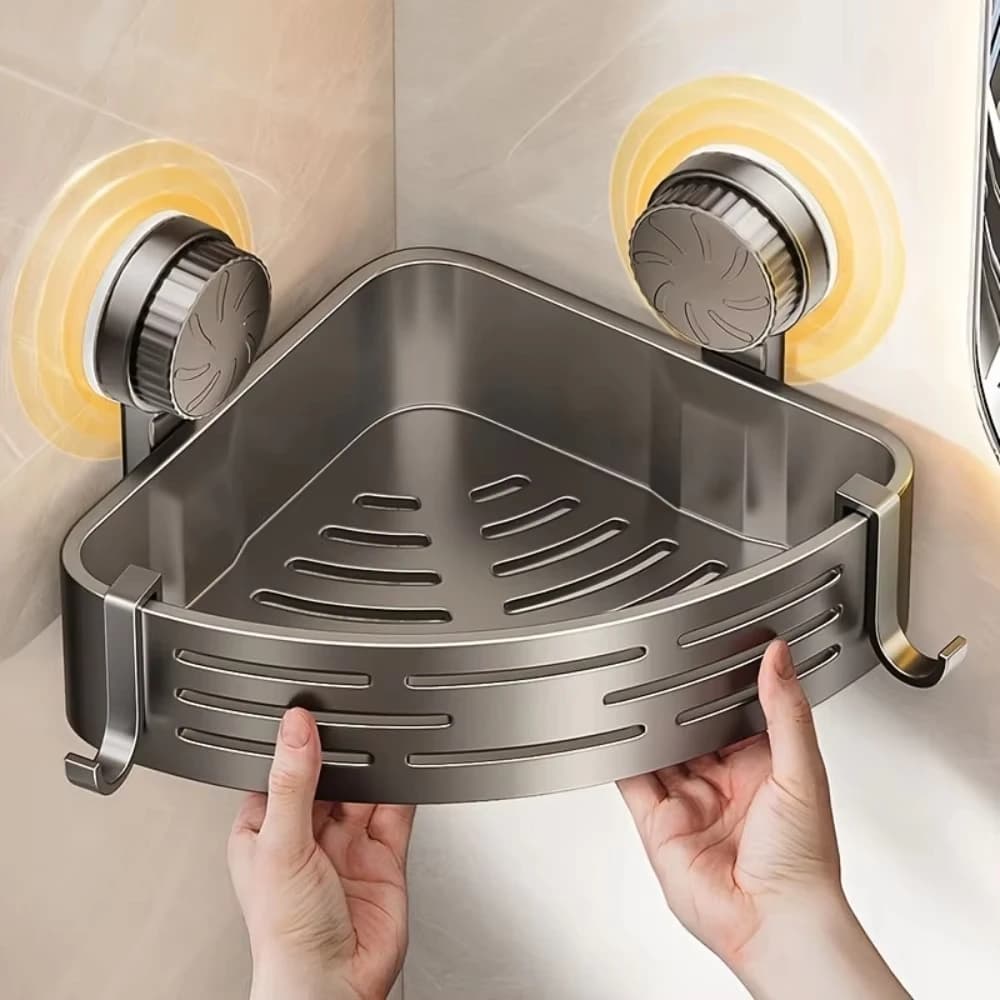 Mensola Triangolare Salvaspazio con Ventosa per Bagno, Nessuna Foratura Richiesta, Organizzatore Multifunzionale con Ganci