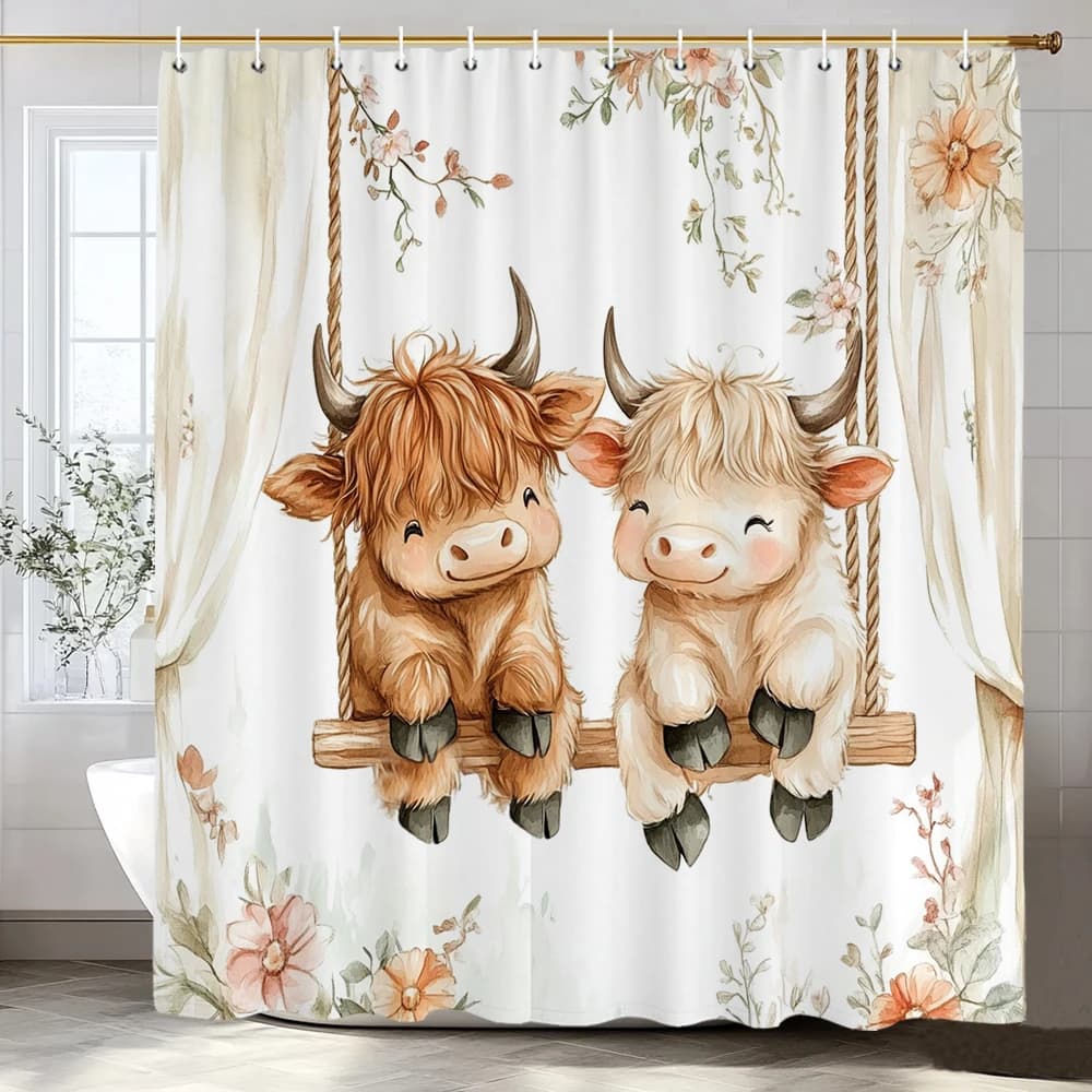 Tenda da doccia con motivo a fiori e bovini Highland, tenda da doccia decorativa per bagno, tenda per la casa in tessuto stampato con ganci
