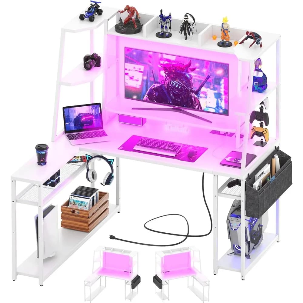 Scrivania da gioco a forma di L con gabbia e ripiani, scrivania per computer da gioco da 47 pollici con luci a LED e prese multiple, scrivania da gioco per PC reversibile L