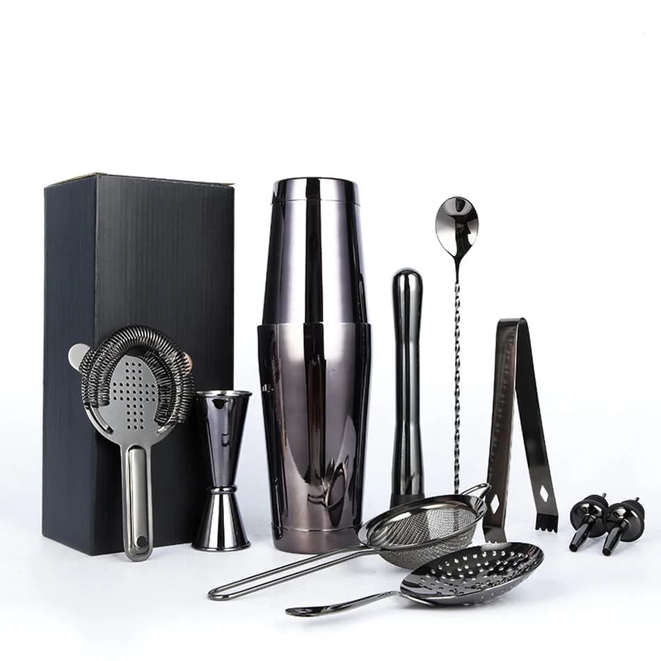 Professional Barware Tools Bartender Kit Bar Accessories Jigger Cocktail Shaker SetWooden Stand Stainless Steel Customized