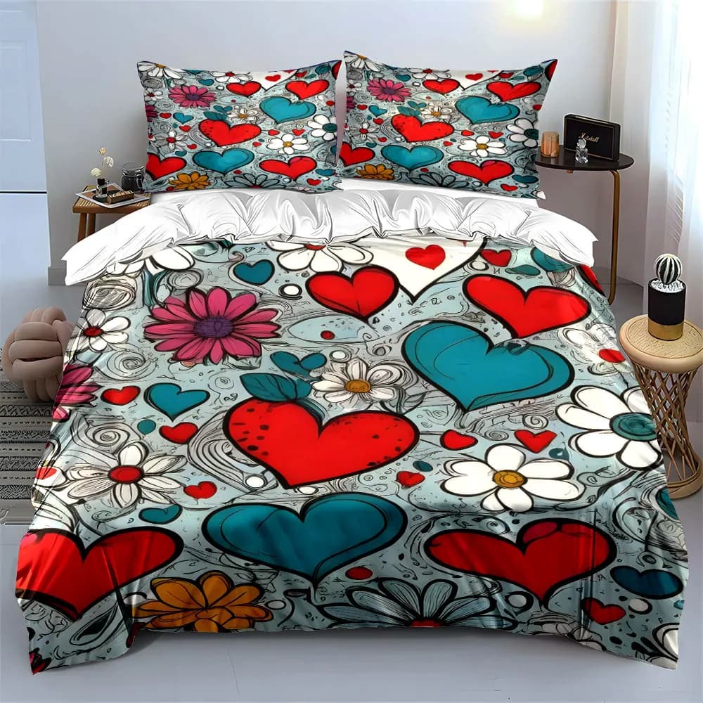 Set Decorativo Romantico con Cuori Floreali, Morbido e Confortevole Set Copripiumino con 1 Copripiumino e 2 Federe, Regalo