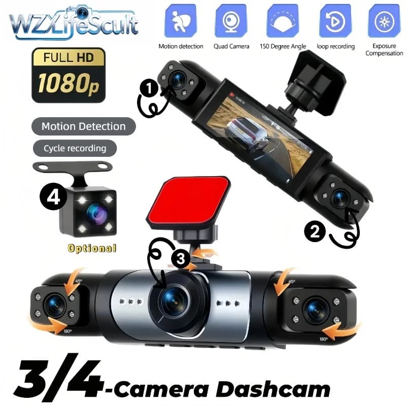 4CH Panoramic Dashcam, 1080P Front & 720P Rear/Side Sync Recording, Eliminate Blind Spots, Ensure Safe Lane Change & Full Journey Recording