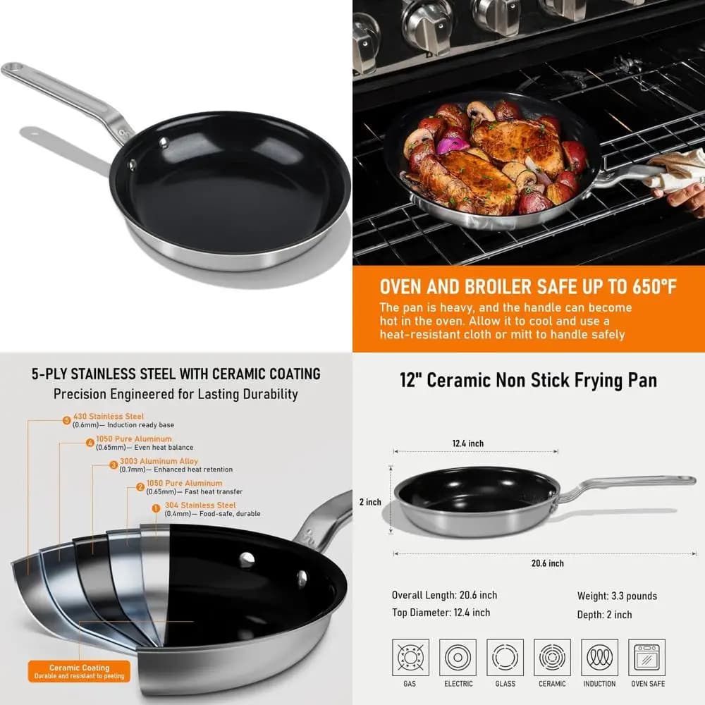 12 inch professional non-stick pan - 5 layer stainless steel plating, without PTFE and PFOA, premium pots for healthy cuisine