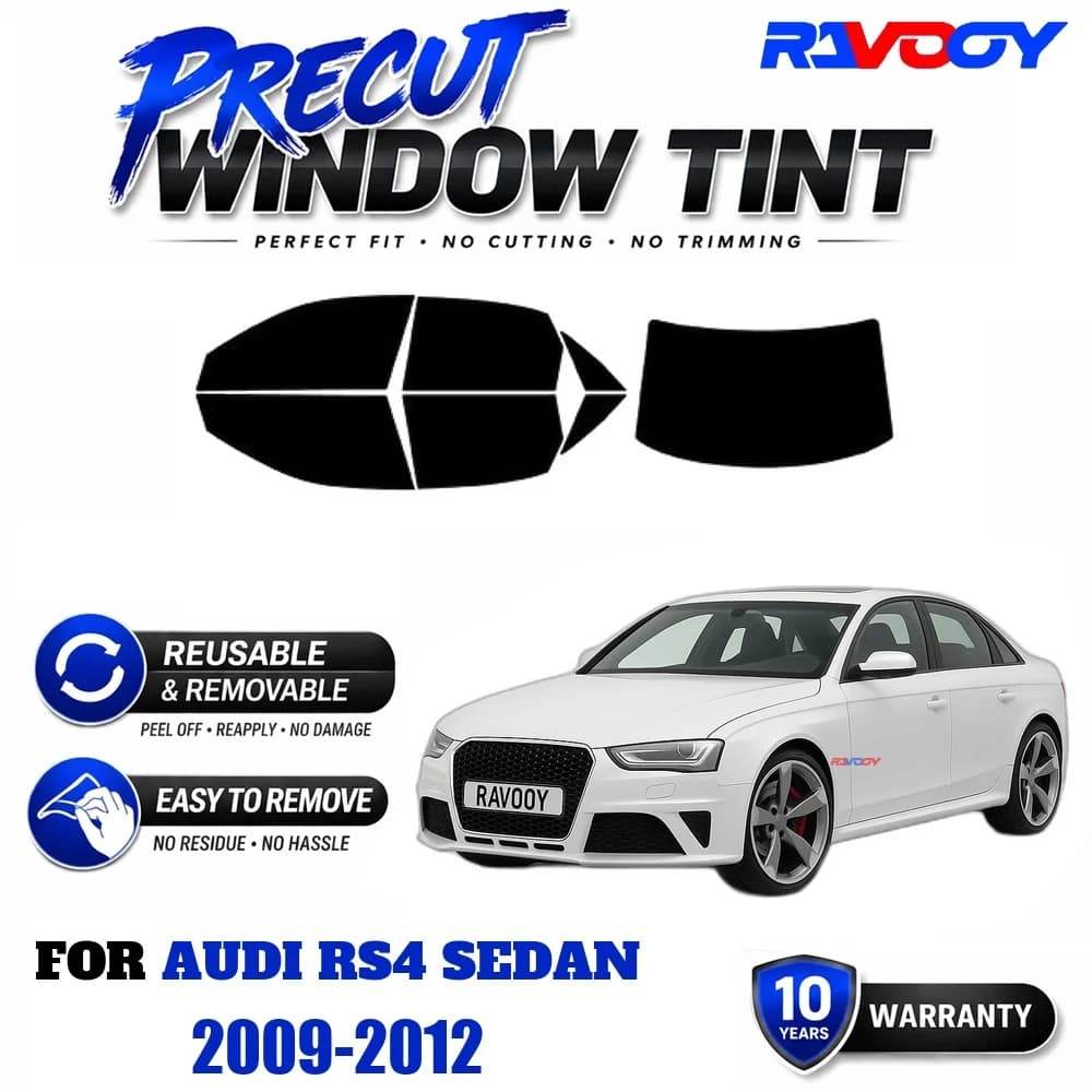 RAVOOY Precut Window Tint, Reusable Removable EPU Film, Custom Fit for Audi RS4 Sedan 2009-2012, UV Heat Protection