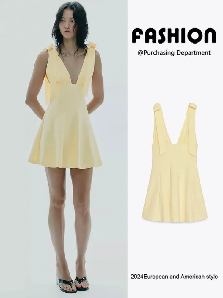 Nuovo Arrivo Estivo: Abito Elegante da Donna Senza Maniche con Scollo a V, Decorazione a Nodo, Vestito Corto a Vita Alta