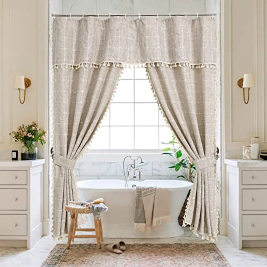 Tan Boho Double Swag Shower Curtain, Polyester Linen Fabric Shower Curtains for Farmhouse Bathroom Decor, Brown Cloth Shower Cu
