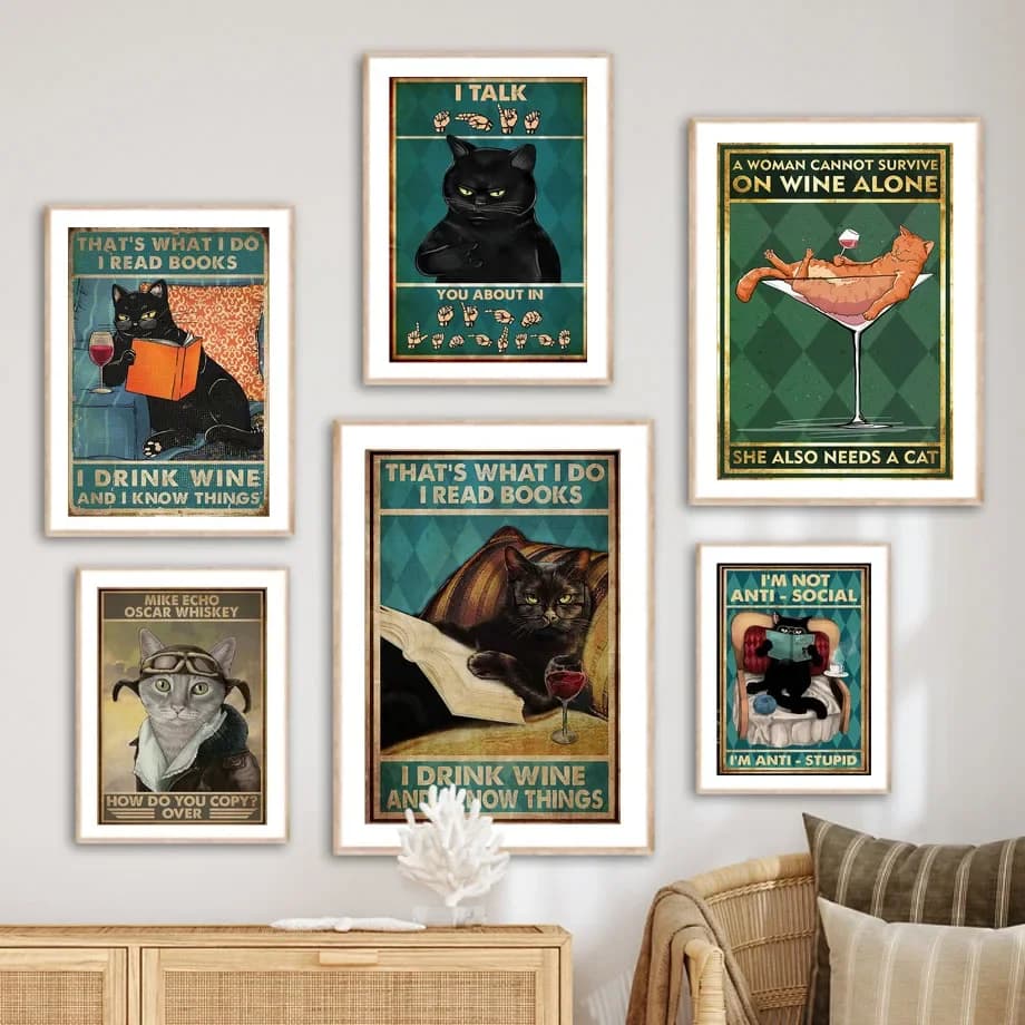 (No frame)Funny Mystery Black Cat Reading Red Wine Wall Art Canvas Painting Retro Poster Prints Bar Hotel Pictures for Living
