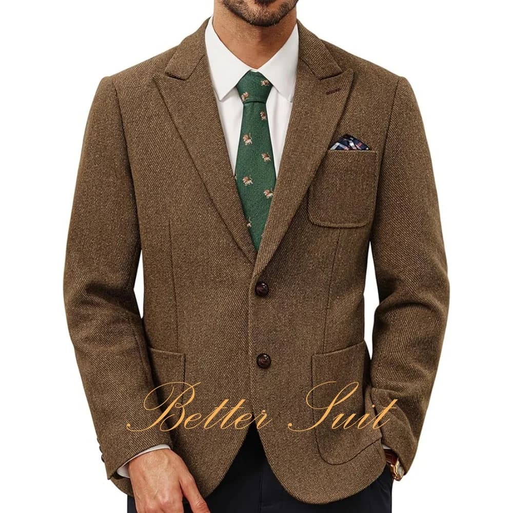 Men's Tweed Blazer Wool Sport Coat Two Button Peak Lapel Jacket Formal Vintage Suit Jackets
