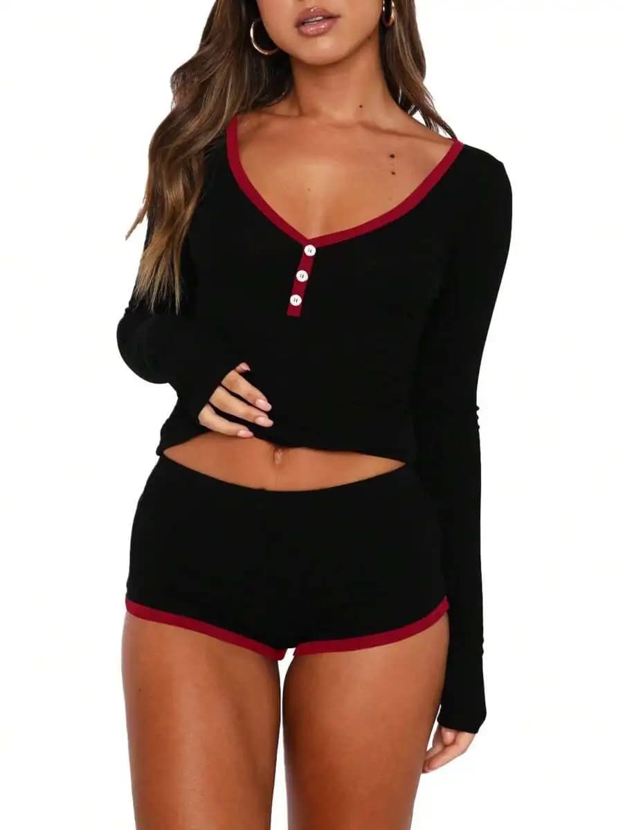 Womens Contrast Color V Neck Long Sleeve Crop Top And Shorts Pajama Set Soft Sleepwear