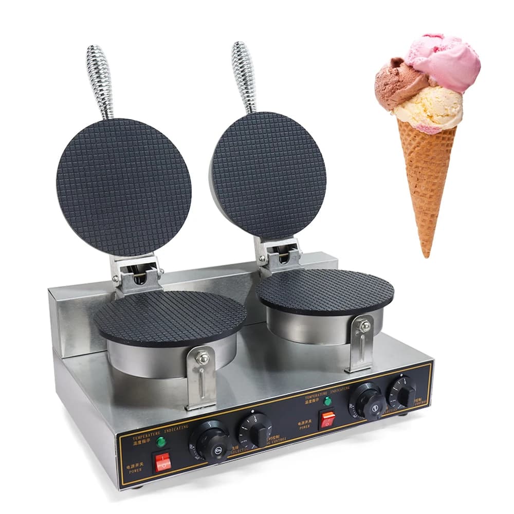 Macchina commerciale per coni di pane 2KW elettrica in acciaio inossidabile antiaderente, macchina per waffle a doppia testa, stampo per coni, macchina per coni gelato
