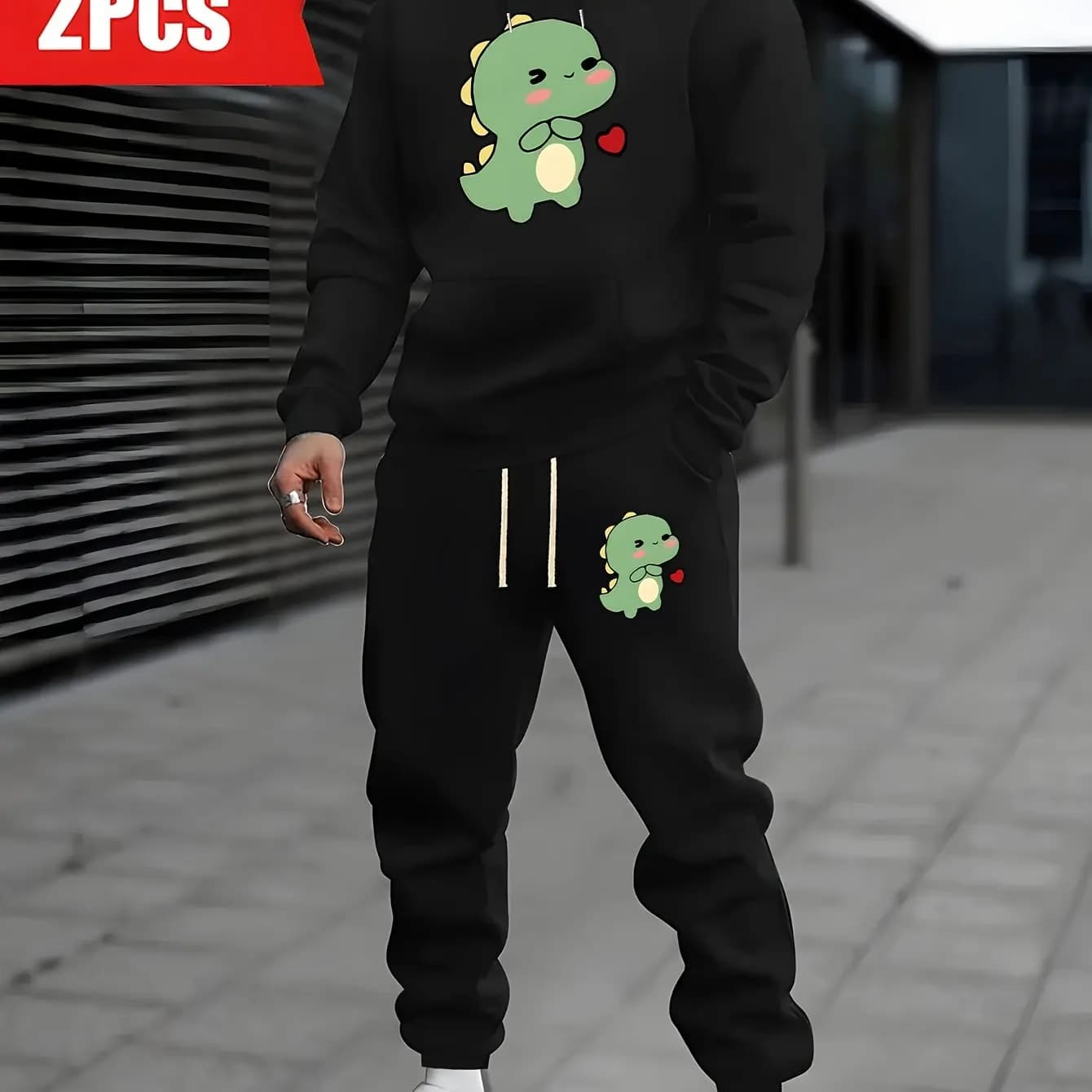 2026 Men Dinosaur Heart Print 2‑Piece Tracksuit, Hoodie & Drawstring Pocket Jogger Pants for Spring Autumn Winter