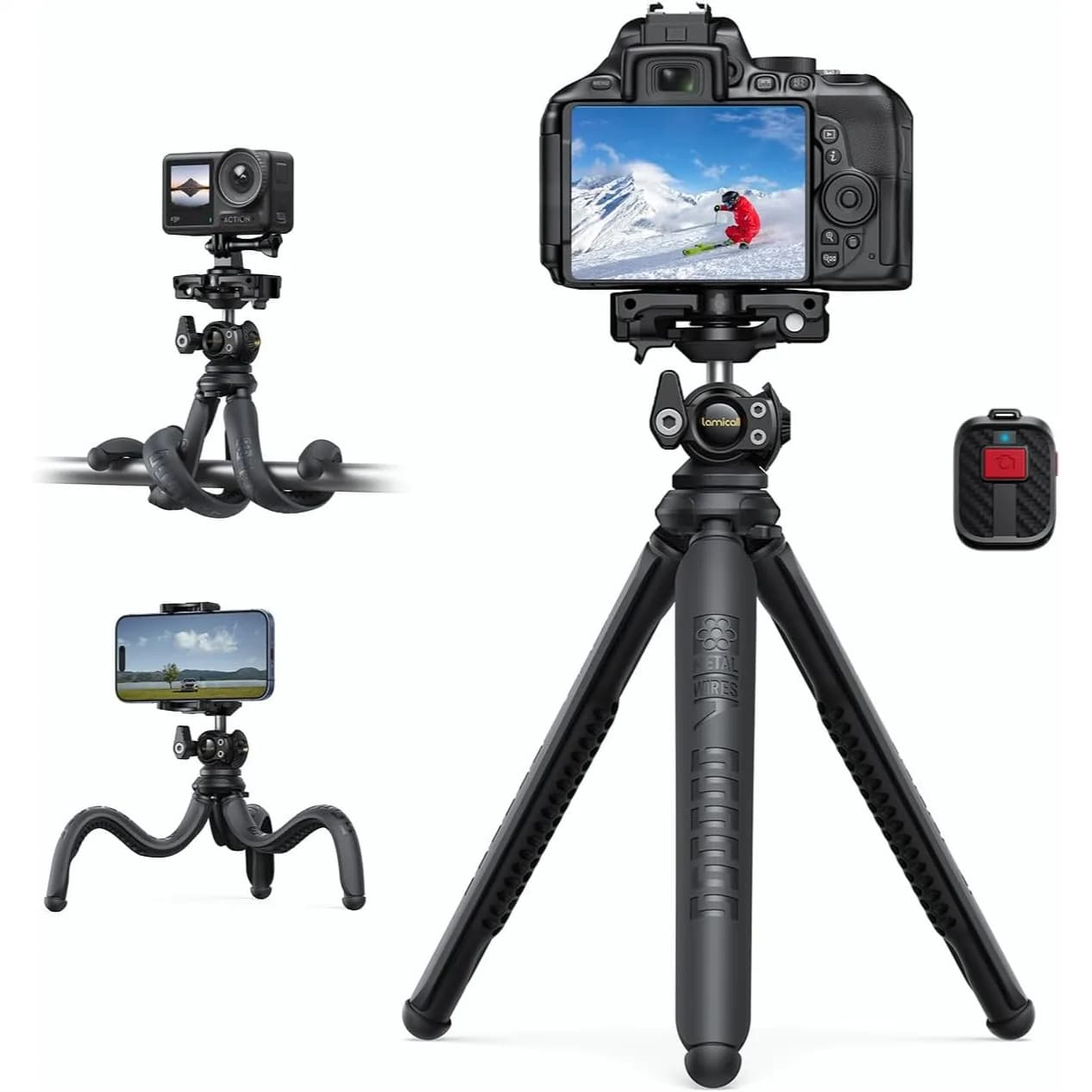 Treppiede Flessibile per Fotocamera e iPhone con Telecomando Wireless, Supporto Portatile per Registrazione Video e Vlogging, Compatibile con