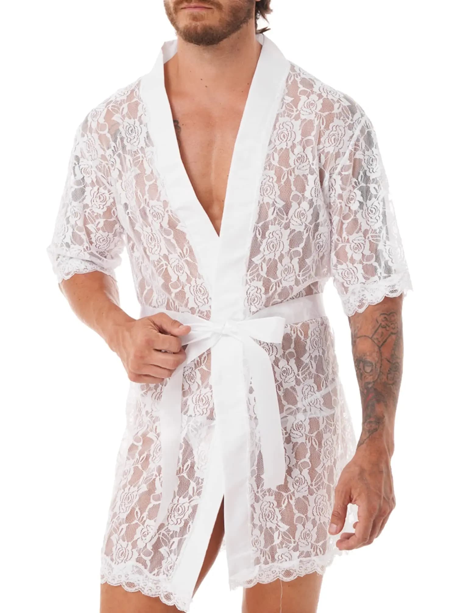 Camicia da notte sexy in pizzo da uomo Camicia da notte trasparente bianca trasparente Manica corta Ricamo floreale Pigiama estivo Comfort