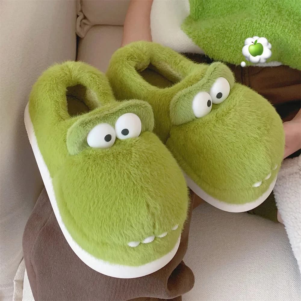Cute Crocodiles Winter Shoes New Women Indoor Slipper Soft Heel Platform Fur Warm Comfortable Fluffy Couples Home Slippers