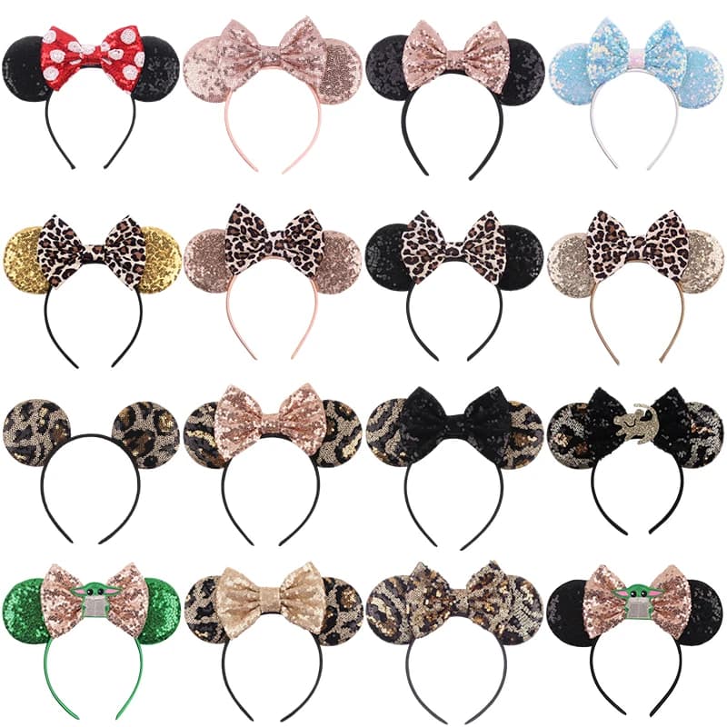 Fascia per capelli con stampa leopardata Disney Fasce per orecchie di Topolino per ragazze Kid Donna Party Paillettes Accessori per capelli con fiocco Fasce per capelli per adulti