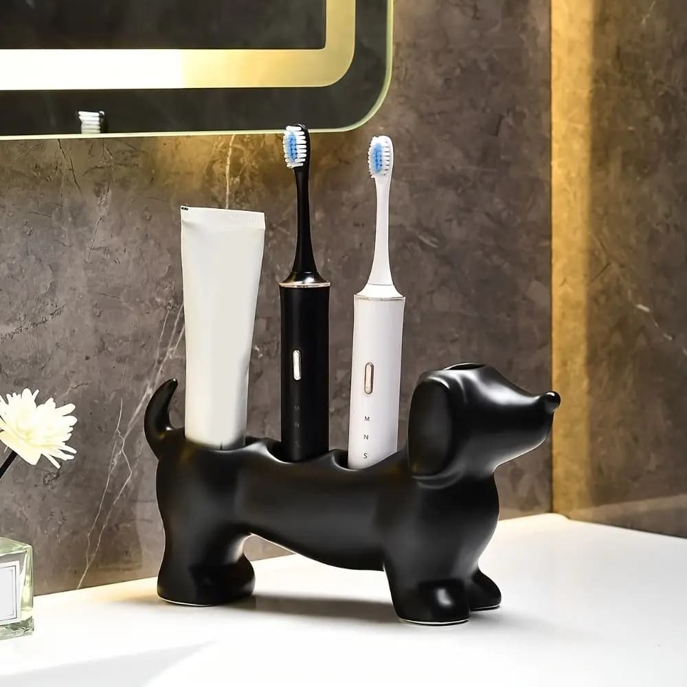 Portaspazzolino in Ceramica a Forma di Bassotto, Simpatico Portaspazzolino Decorativo a Forma di Cane, Porta Spazzolini Salvaspazio