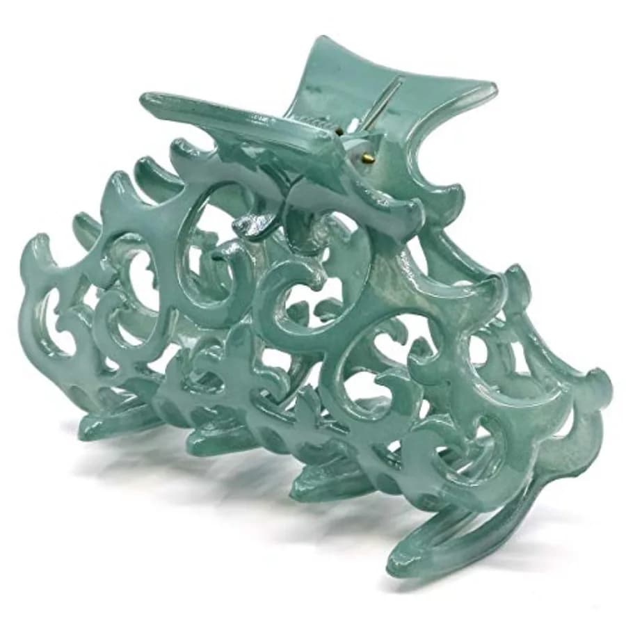 French hair clip for women, large green antique metal, durable jaw design for styling, made in France