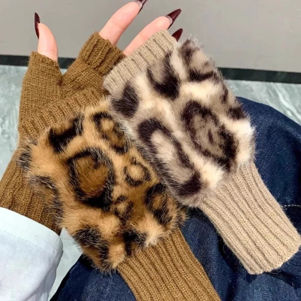 Vintage Warm Fingerless Gloves Short Style Soft Plush Half-Finger Gloves Polyester Knit Leopard Print Gloves Women
