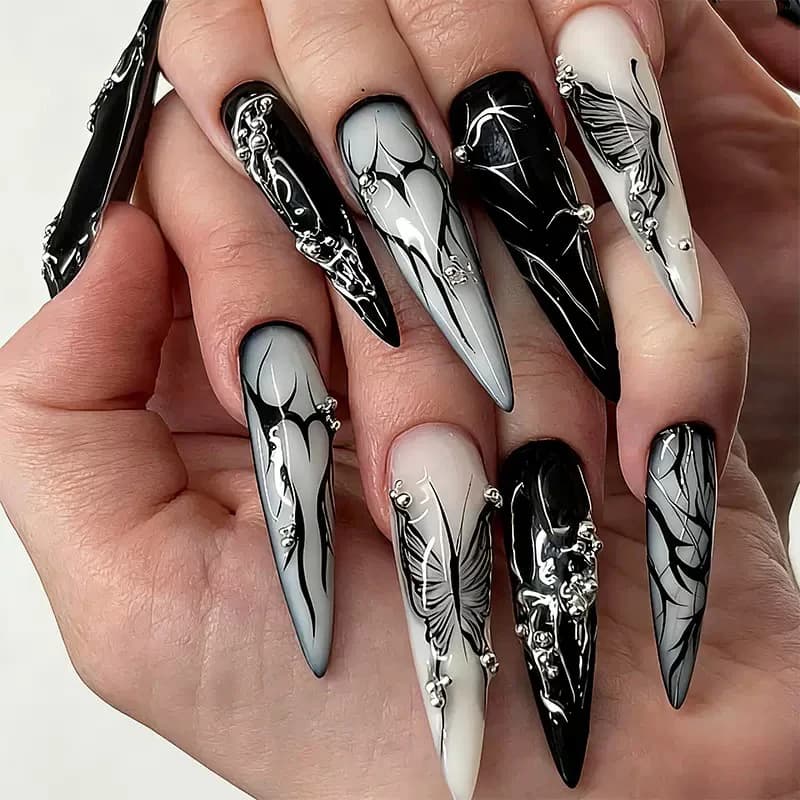 24 pezzi di unghie finte lunghe a mandorla nere e bianche con strass, design gotico, punte per unghie a forma di farfalla, unghie finte riutilizzabili, unghie finte a pressione.