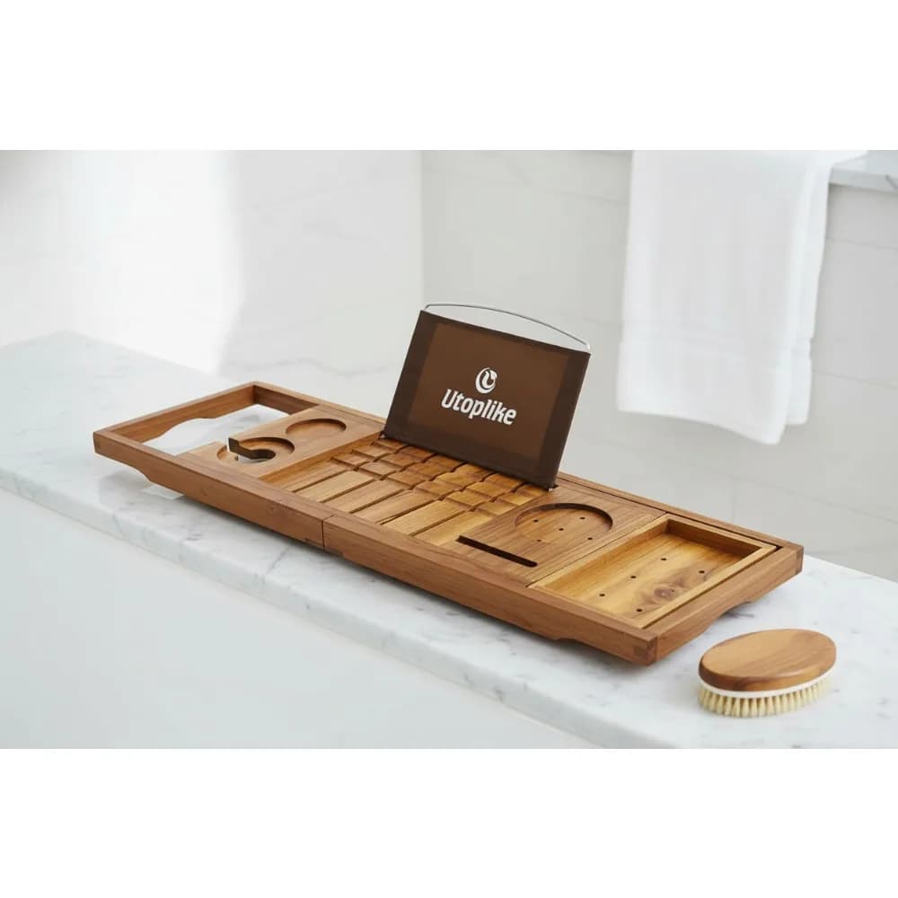 Vassoio portaoggetti regolabile per vasca da bagno in teak con supporto per tablet, organizer per asciugamani e tazze in vetro per il bagno rilassante