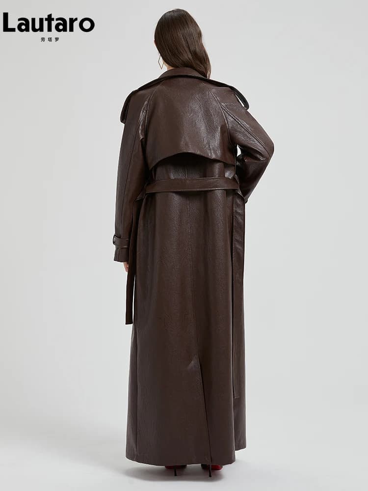 Lautaro Primavera Autunno Extra Lungo Marrone Pu Trench in Pelle per Le Donne Telai di Lusso Chic Cappotto Pista di Moda Europea 2024