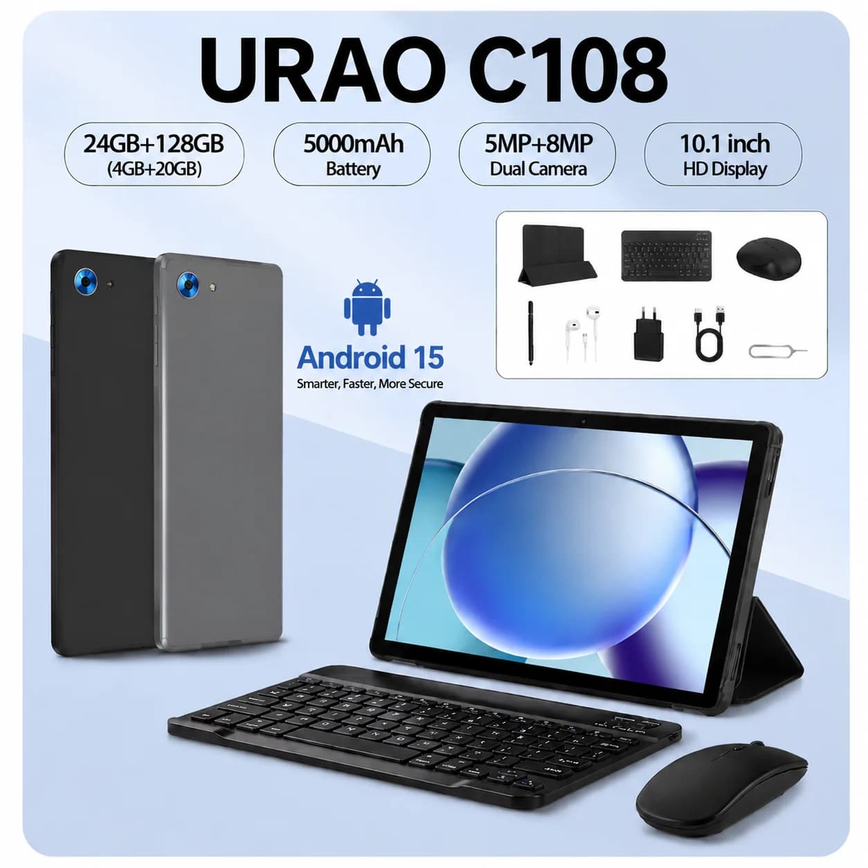 URAO Tablet Android 15 da 10 Pollici, 8 Core, 24GB+128GB Espandibile a 1TB, WiFi6, Fotocamere 5MP+8MP, Set con Stilo, Tastiera, Mouse e Cuffie