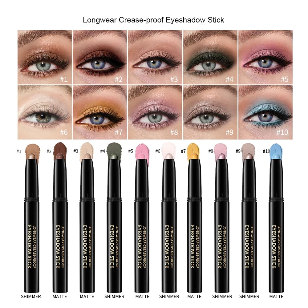 10 colori Longwear Matita per ombretto a prova di pieghe Stick Glitter duraturo Shimmer Matte Ombretto Evidenziatore Penna Occhi Strumento per il trucco