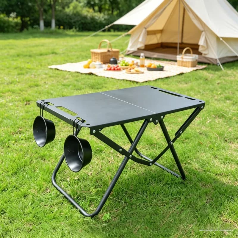 Tavolo da Picnic Portatile Pieghevole, Tavolo Multifunzionale per Spiaggia e Campeggio, con Bordo Cavo e Ganci per Appendere Oggetti