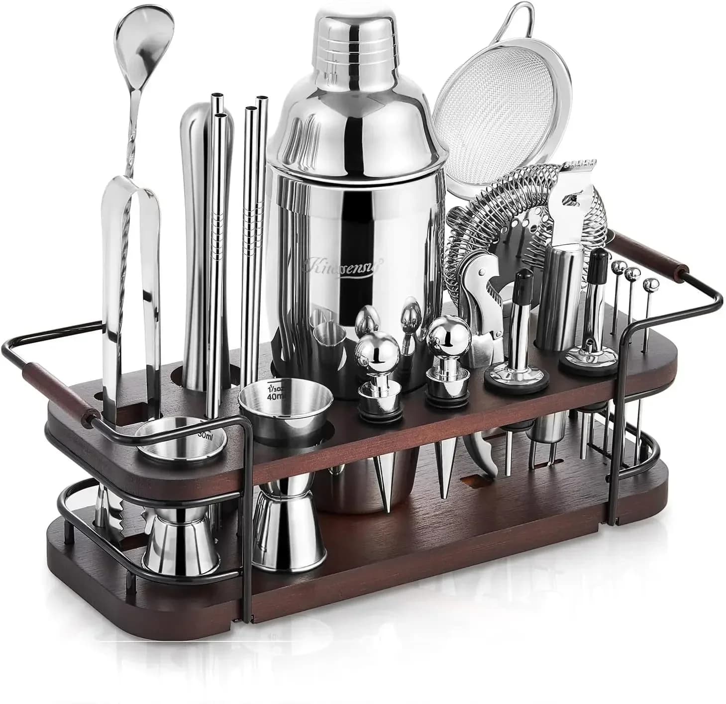 Cocktail Shaker Set Bartender Kit with Stand | Complete 24-Piece Bar Set Cocktail Kit with All Bar Accessories: Martini Shaker,