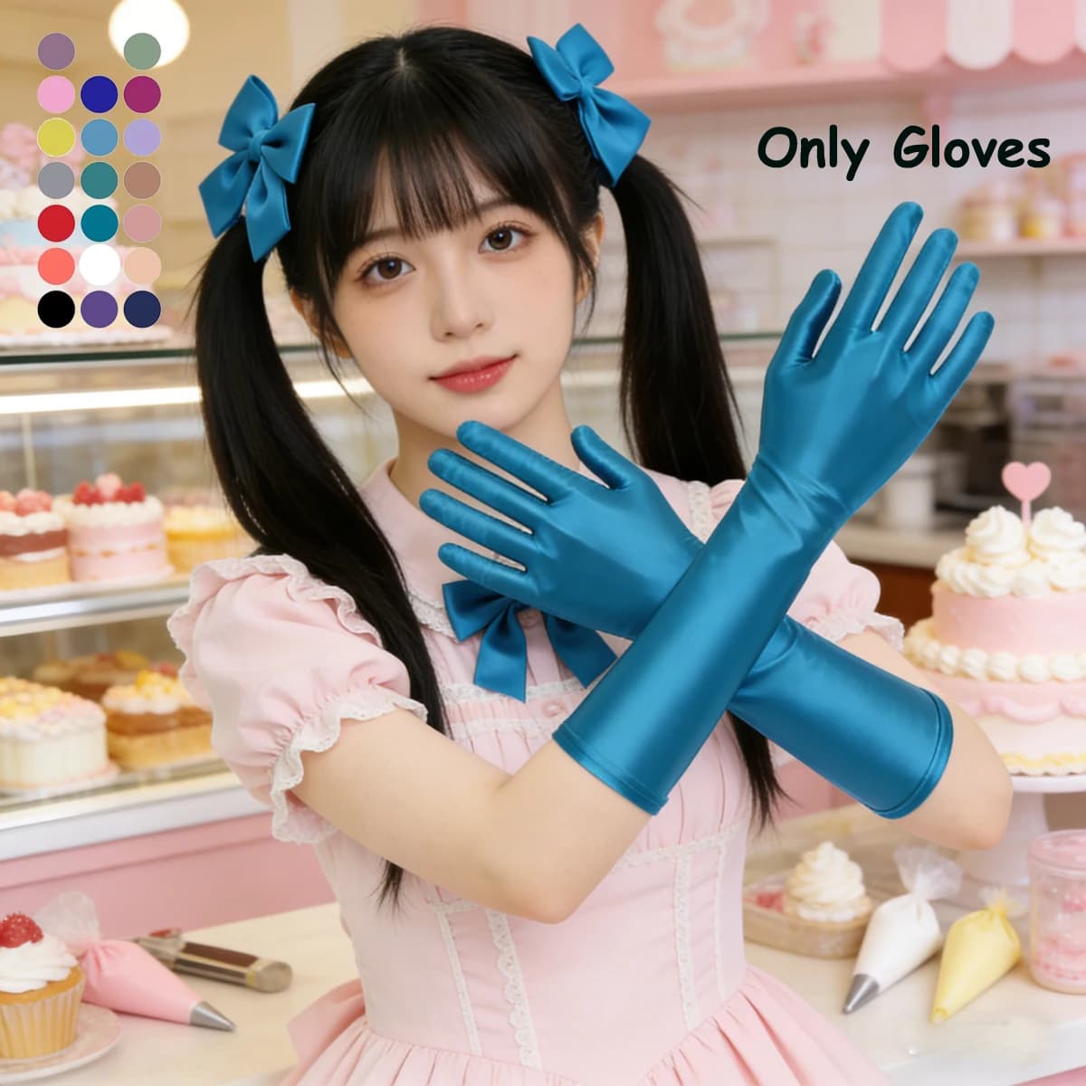 MJINM Guanti di protezione solare da ciclismo elastici in raso con glitter carino giapponese Etiquette Guanti medio lunghi Accessori per clubwear per feste