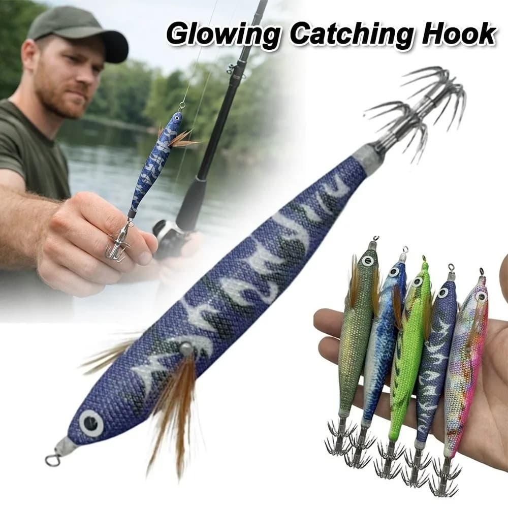 Esche da Pesca Luminose per Calamari da 12cm con Perline Sonore e Sonaglio, Jig per Acqua Salata