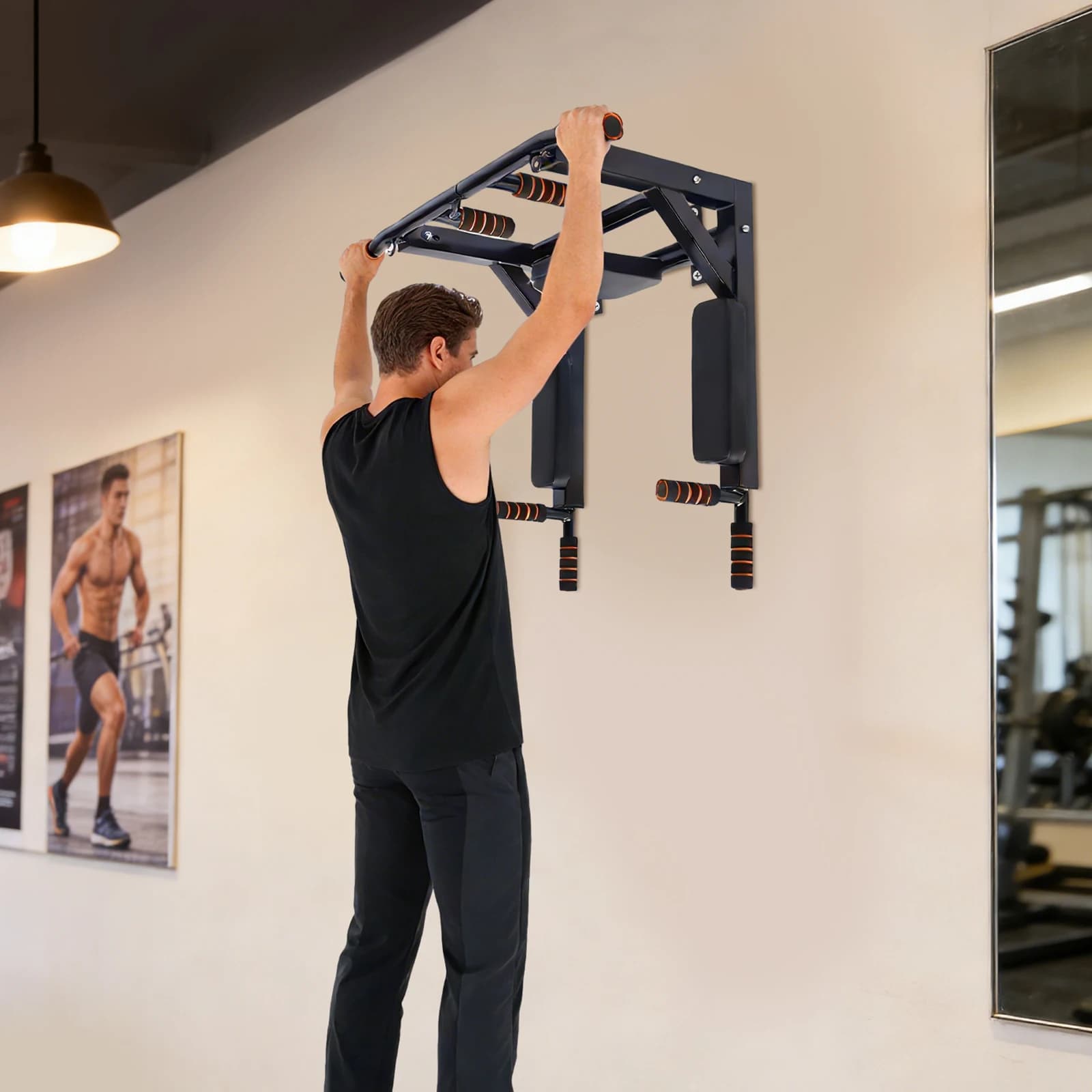 Wall Mounted Pull Up Bar Chin Up Bar Multifunctional Dip Station Workout Training Equipment Fitness Dip Stand Supports to 440lbs for Indoor Home Gym