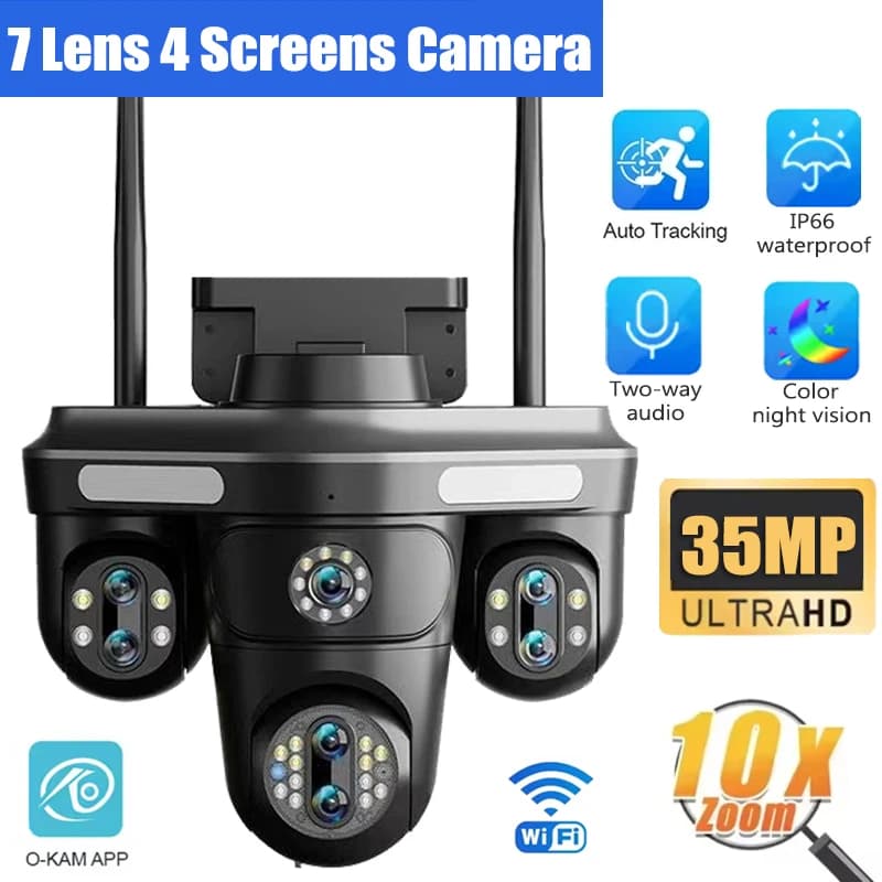 35MP 7 Obiettivo 4 Schermi Telecamera IP HD WiFi PTZ Telecamera Zoom 10X Auto Tracking Home Outdoor IP66 Impermeabile CCTV Video Telecamera di Sicurezza