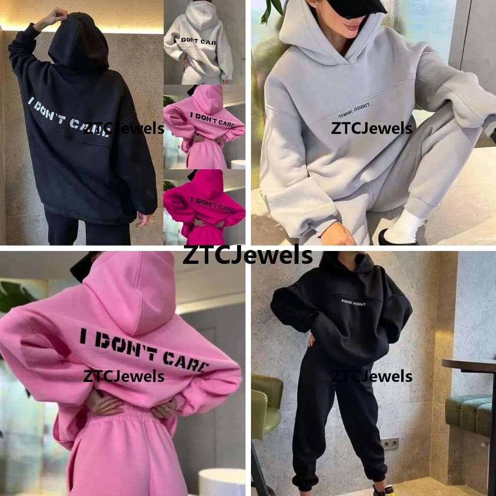 Set Felpa con Cappuccio e Pantaloni da Donna con Stampa Lettering, Completo Casual a Maniche Lunghe con Coulisse, Tuta Sportiva Femminile