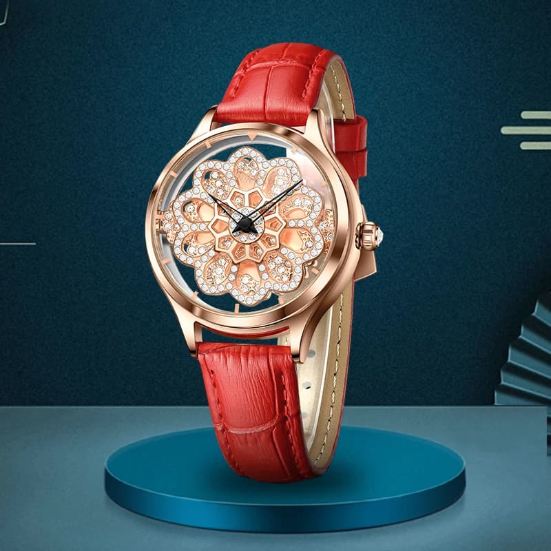 Orologio da Donna LIGE Elegante con Quadrante Rotante, Cinturino in Pelle, Lussuoso con Cristalli Colorati Scintillanti, Casual e Luminoso