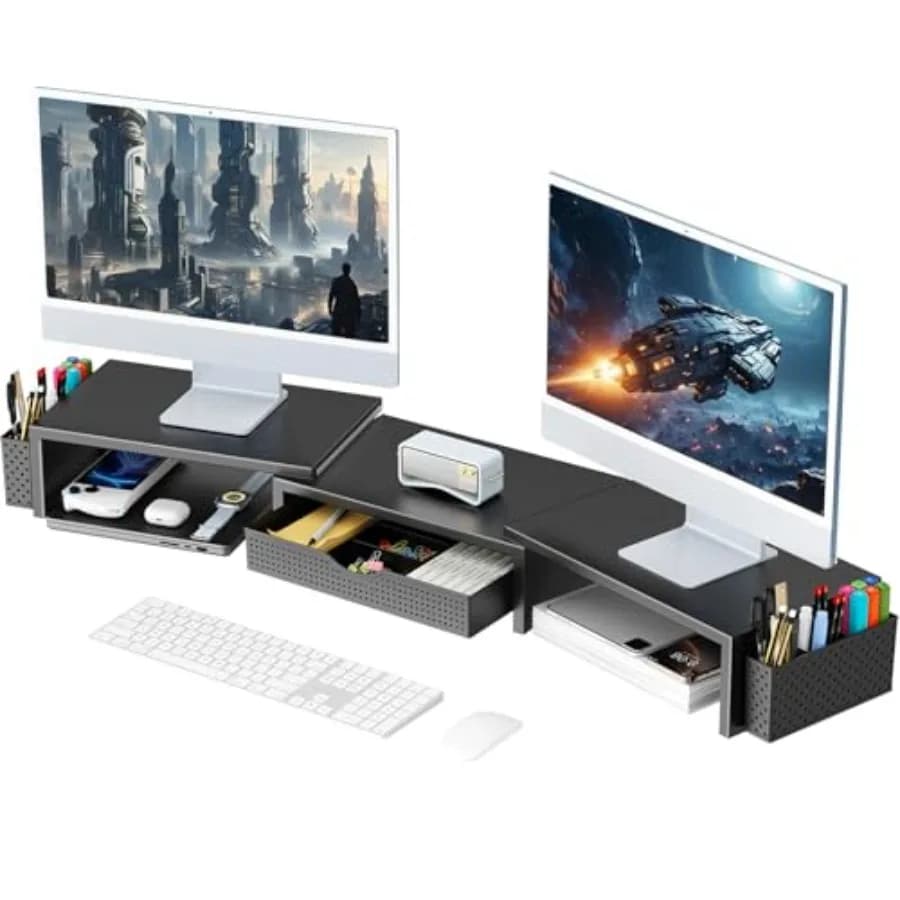Support for Dual Monitor 2026 with Desk Organizer, Drawer and 2 Laptop, Computer Monitor shelf to be placed on the Top of the Desk, Black