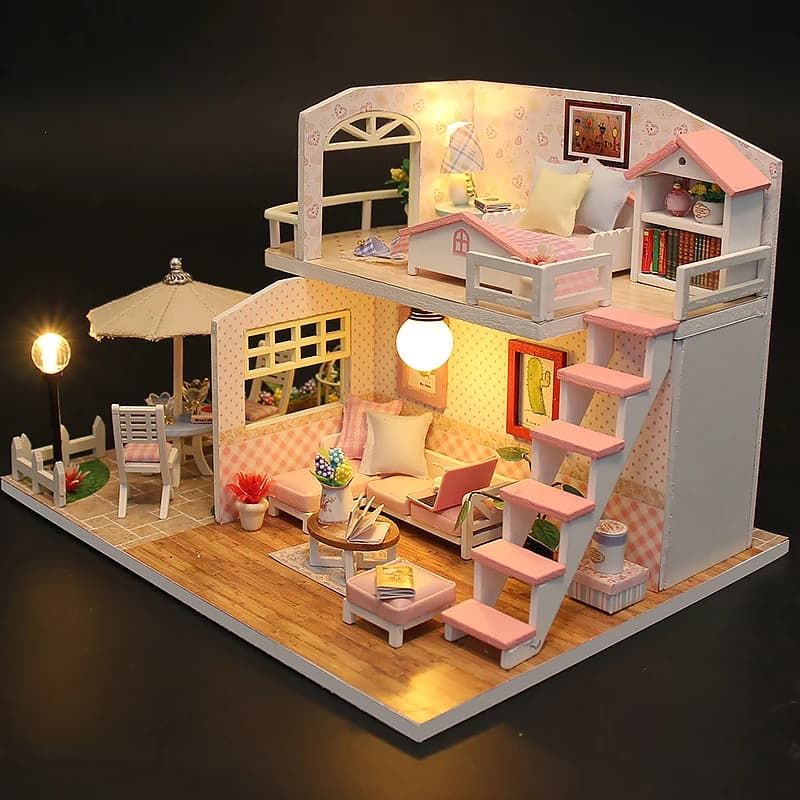 Kit modello di costruzione puzzle 3D Casa delle bambole in miniatura in legno con luci a LED Case delle bambole assemblate Decorazione della casa Regali di compleanno