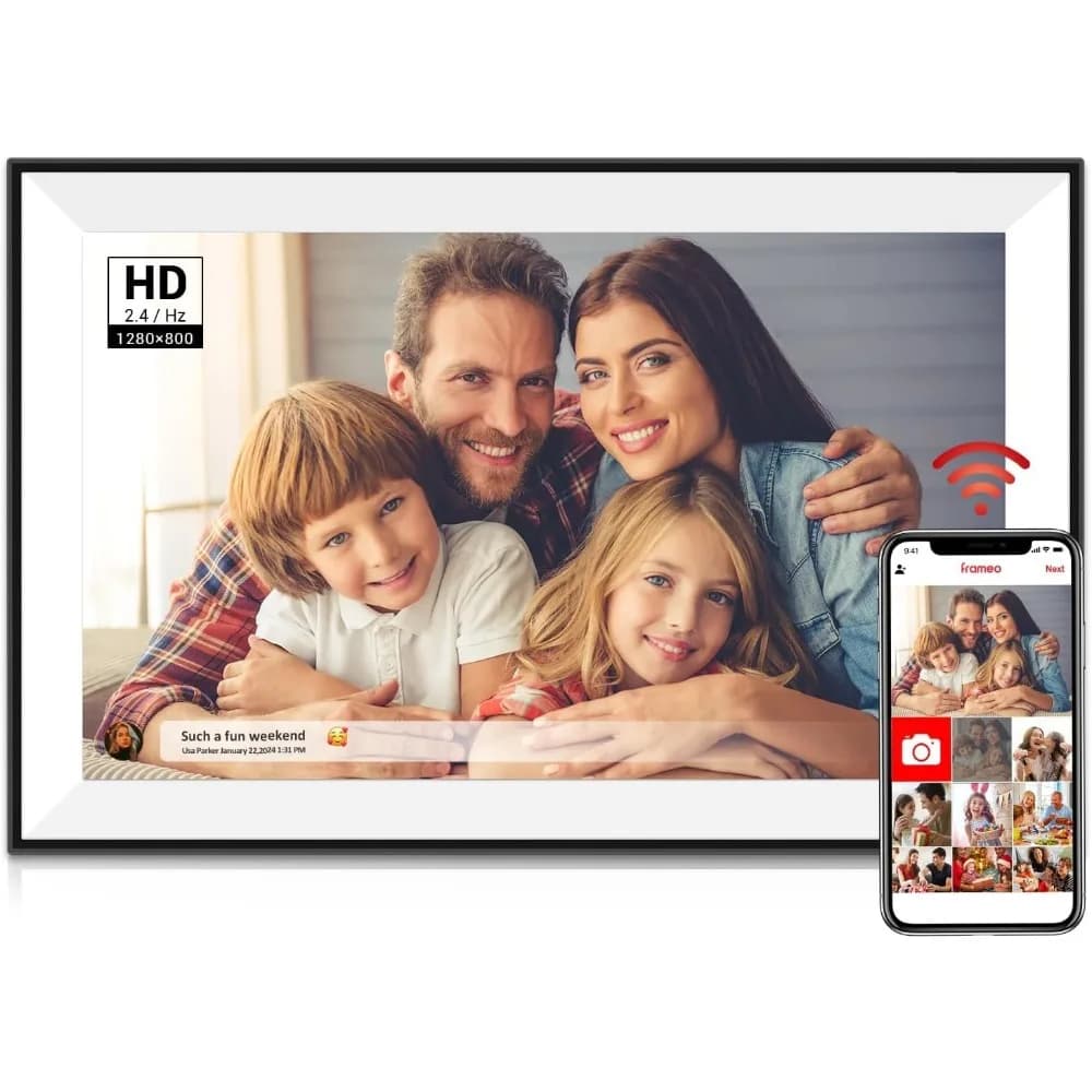 Cornice digitale WiFi da 10 pollici con touchscreen, 32GB, presentazione di foto, caricamento da telefono, rotazione automatica, regalo per i nonni