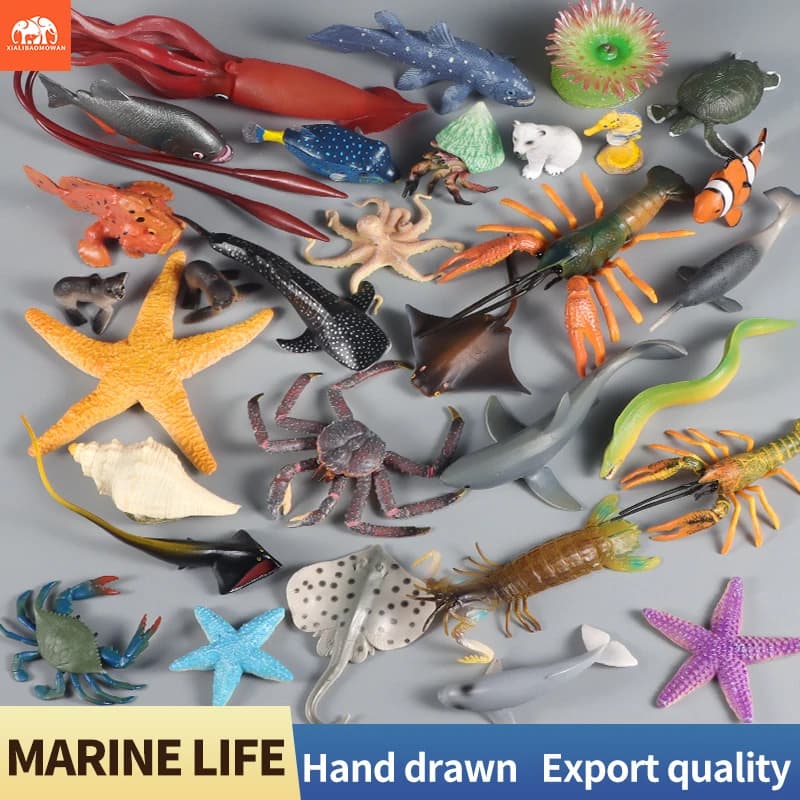 Set di Action Figure di Animali Marini - Delfino, Squalo, Stella Marina, Foca, Aragosta - Giocattolo Educativo per Bambini a Tema Oceano e Acquario