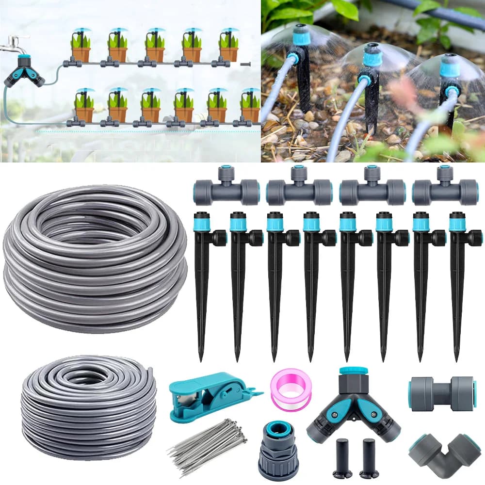 Sistema di irrigazione per irrigazione da giardino con gorgogliatore da 3/8" Tubo in PE da 9/12 mm 360 ° Spruzzatori per irrigazione a goccia con attacco rapido a T regolabile