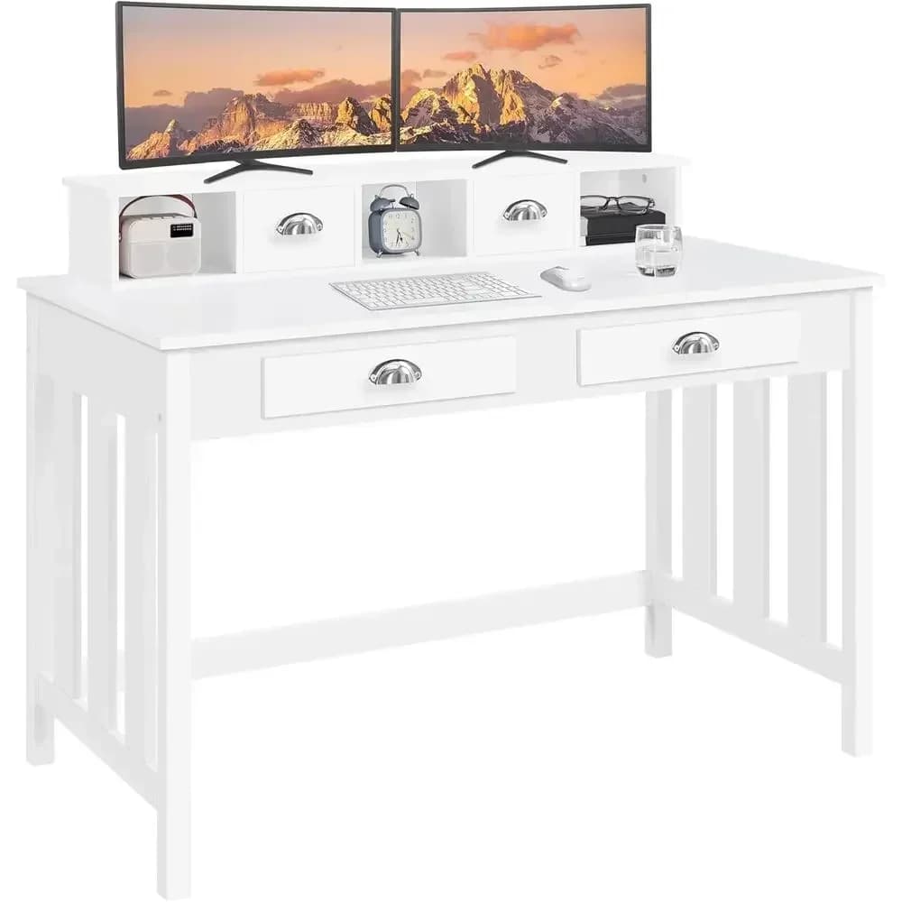 47 White Large Desk with 4 Drawers, 23 Deep Home Office Workstation, Monitor Stand-Ready Executive Wood Table