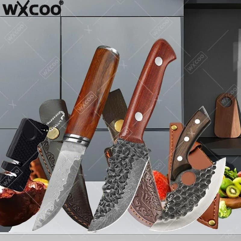 WXCOO Damascus Stainless Steel Kitchen Knife Multifunctional Meat Cleaver Boning Knife Butcher Knife Wooden Handle