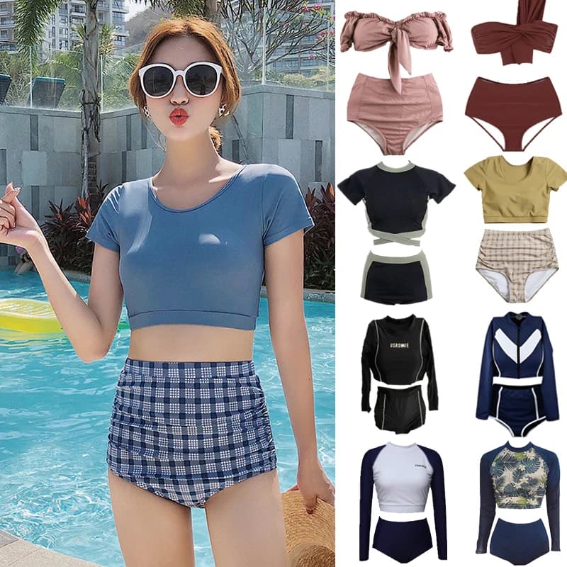 Costume da bagno termale da donna 2023 a vita alta, top e slip separati, design snellente, girocollo, in nylon