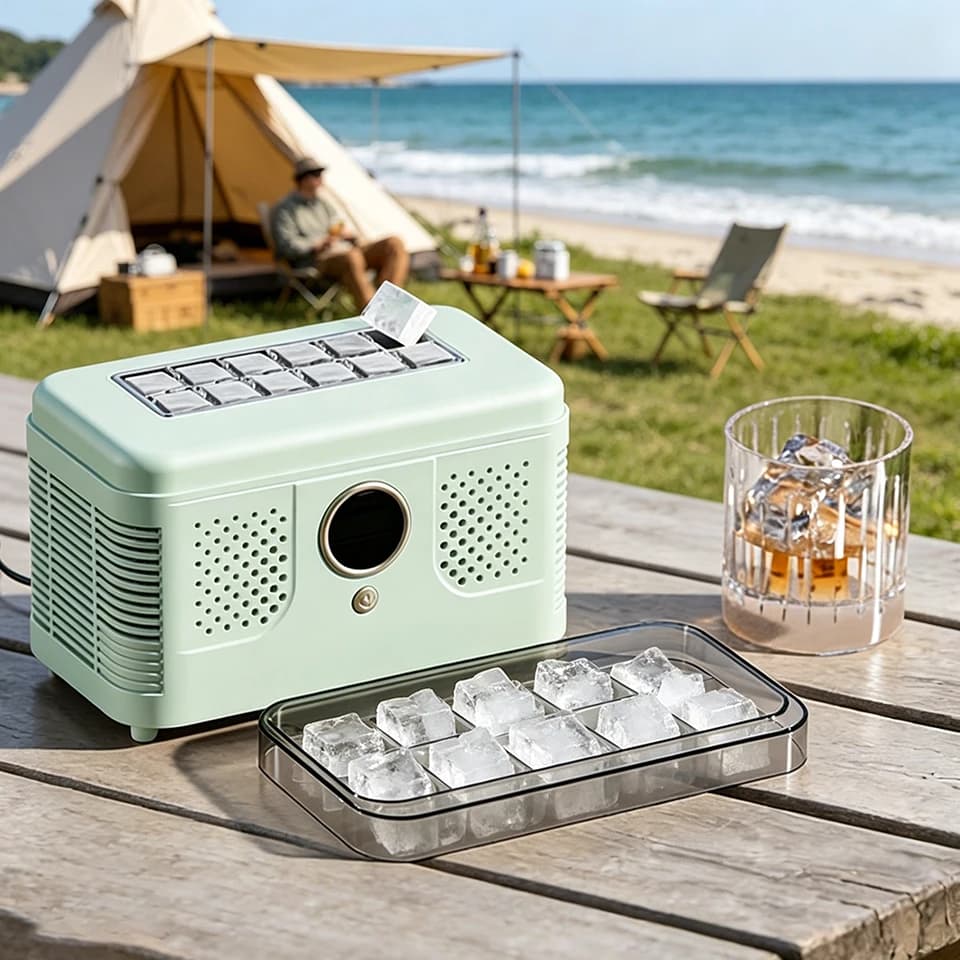 Mini Macchina per Ghiaccio Portatile 12V/220V per Auto, Casa, Dormitorio, Ufficio, Campeggio, Produzione Automatica di Cubetti di Ghiaccio, Compatta