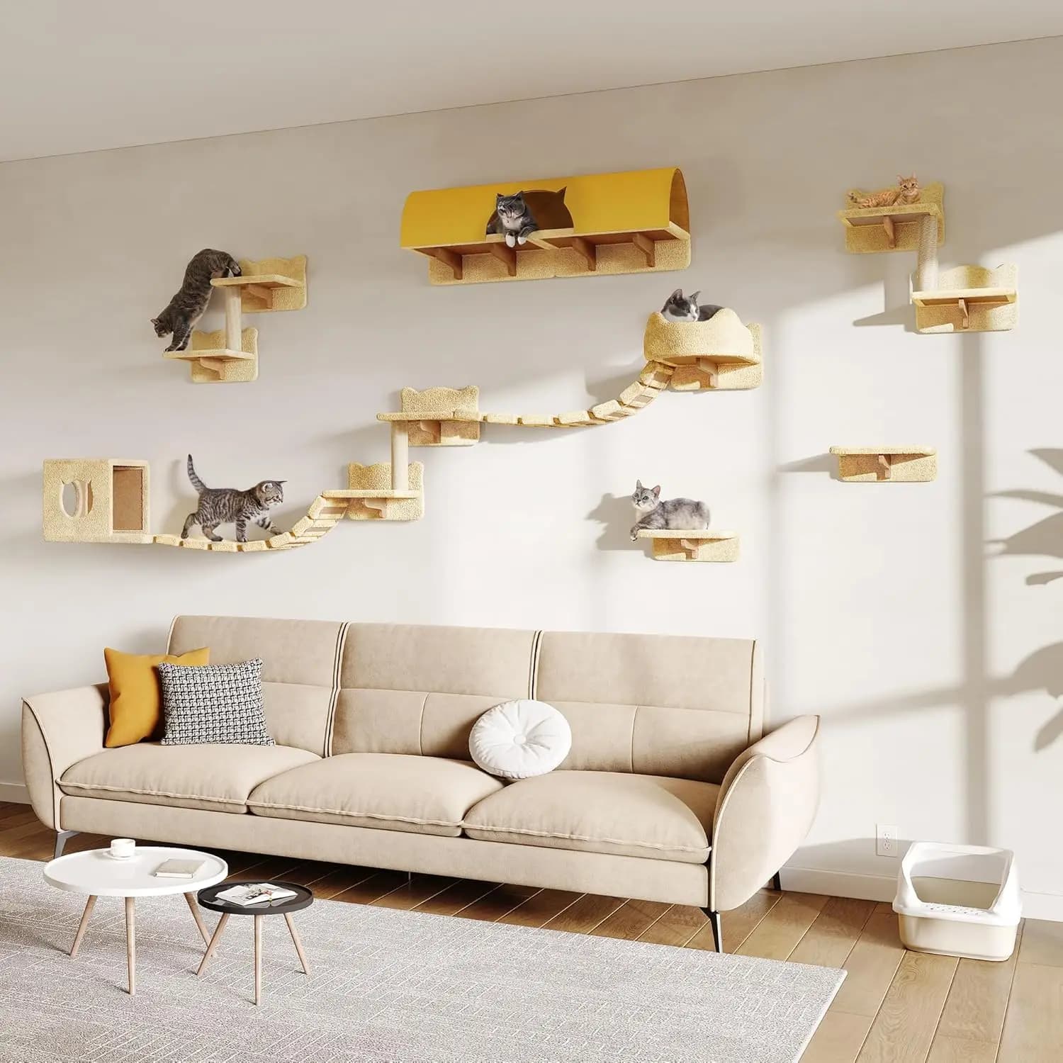 Set di 16 Mensole da Parete per Gatti, Mobili per Gatti Montati a Muro con Tessuto Peluche, Sistemi ClimWall per Gatti