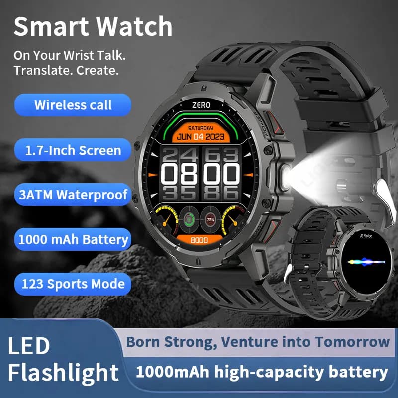 LIGE 1000mah Batteria Astuto Della Vigilanza Degli Uomini Della Torcia Elettrica Orologi Sportivi All'aria Aperta 3ATM Impermeabile Chiamata Bluetooth Smartwatch Per Android IOS