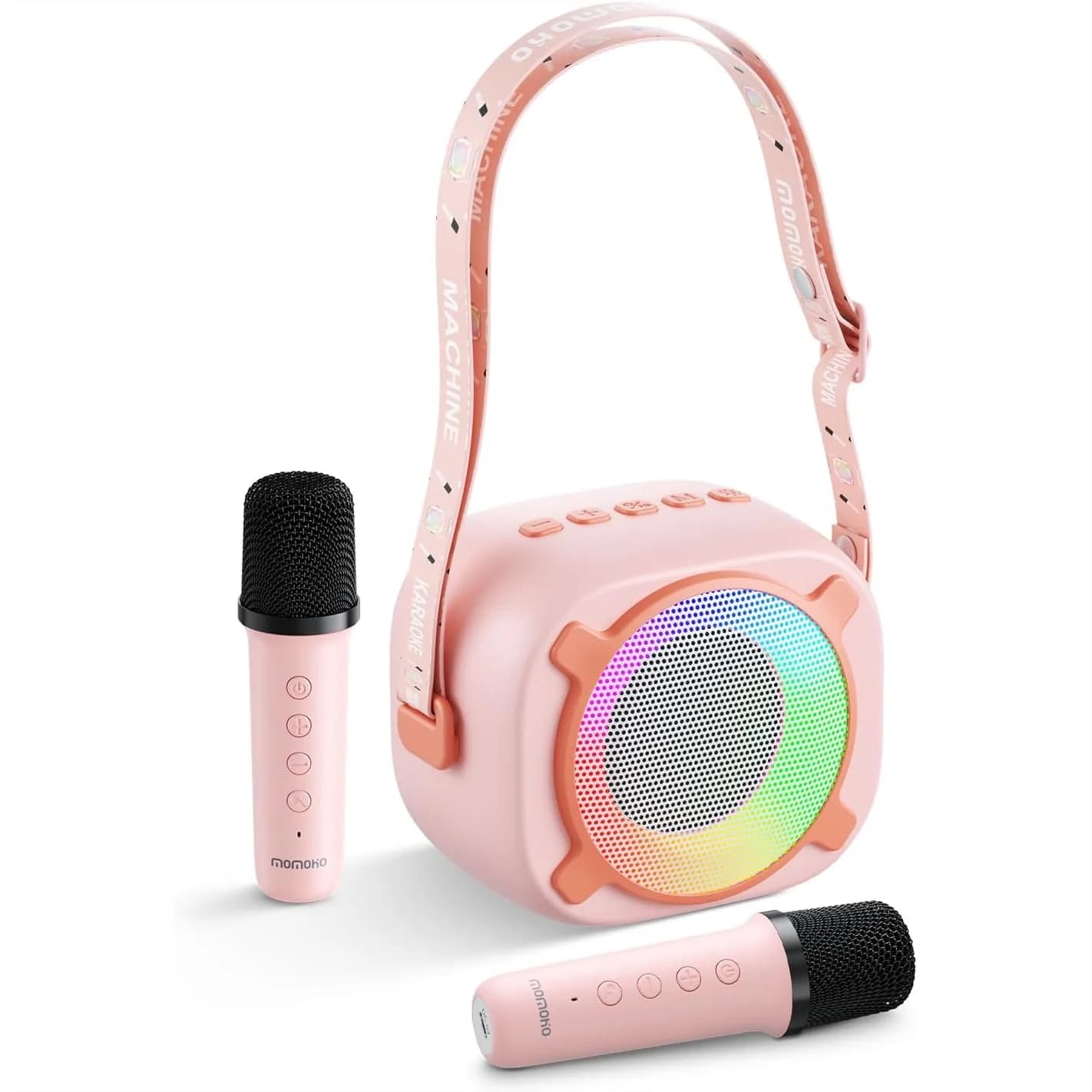 Macchina Karaoke Bluetooth Portatile con 2 Microfoni Wireless e Luci LED per Bambini e Feste in Famiglia, Supporta USB/AUX/Scheda TF