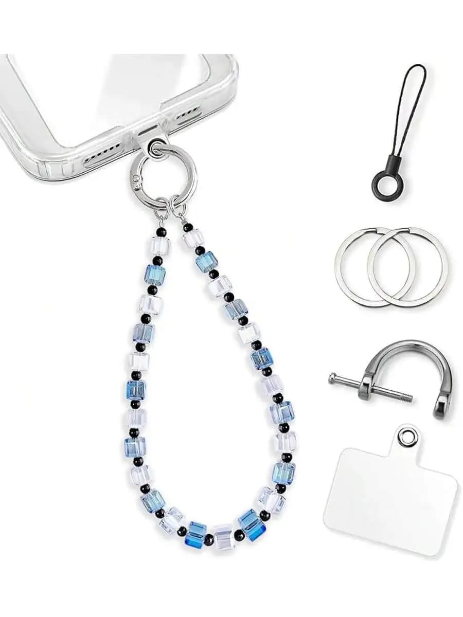 Sparkling Beaded Phone Charm Strap With Tether Tab And D Ring For Smartphone Wrist Keychain