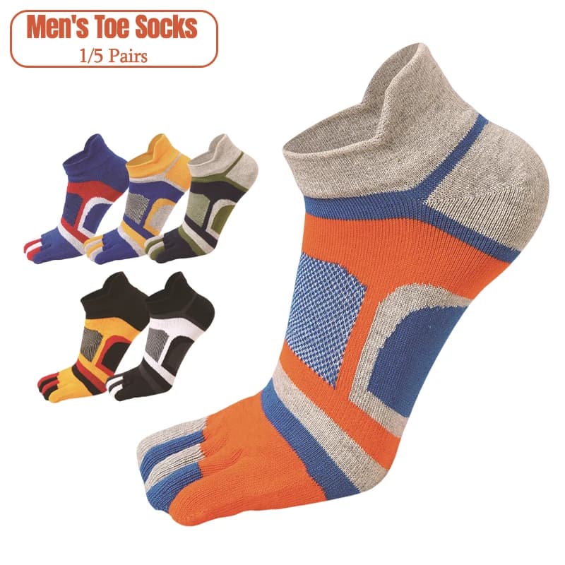 1/5 Pairs Men’s Five-Toe Athletic Ankle Socks Breathable Mesh Sweat-Wicking Colour-Blocked Low-Cut Short Socks for Running