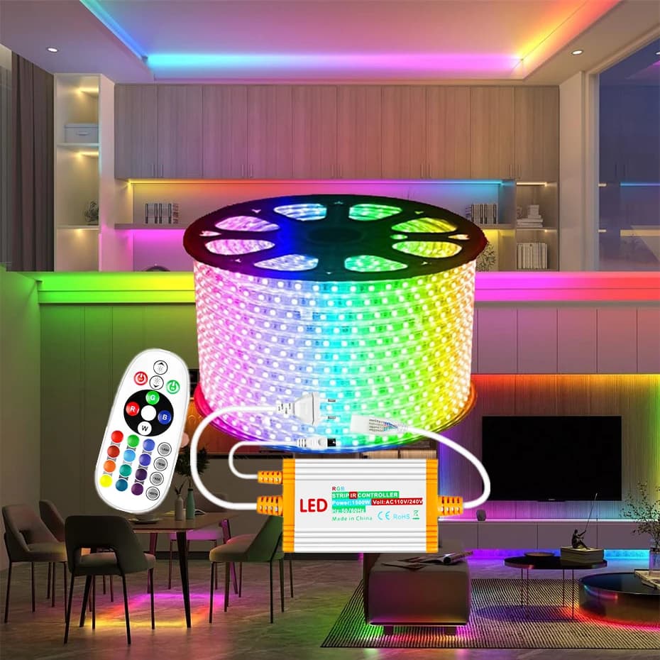 220V 5050SMD RGB LED Strip Light IP67 Waterproof 60LEDs/m Flexible RGB Tape Lamp Remote Control 1500W EU Plug for Home Lighting